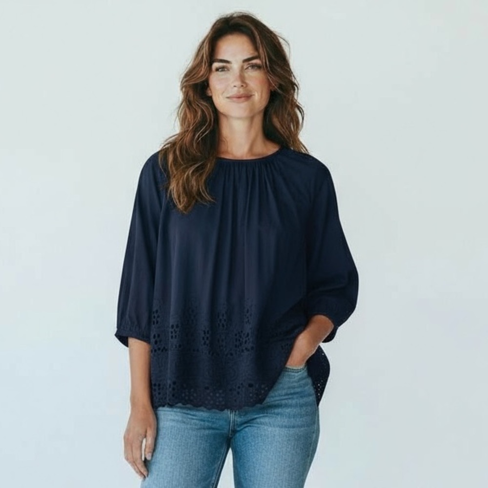 Madewell Women's Oversized XS Eyelet Lace Peasant 3/4 Sleeve Blouse Navy EUC